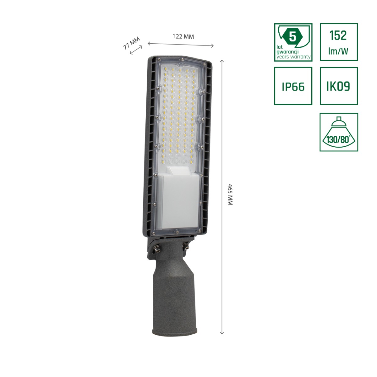 Iluminación Pública LED de 50W basculante con eficiencia de 152L/W y clasificación IP66.