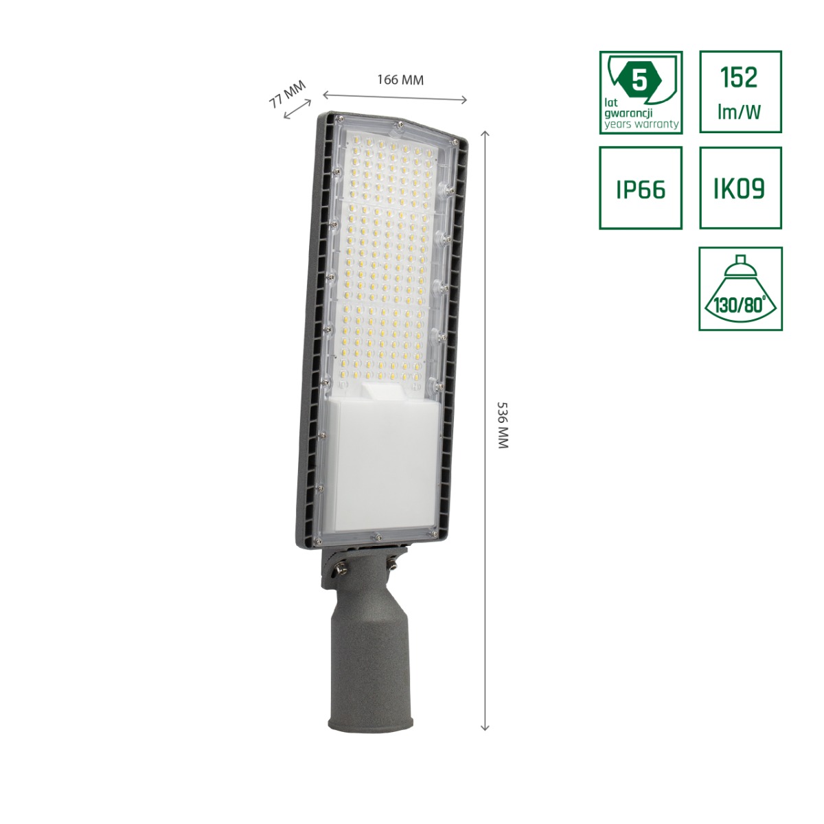 Iluminación Pública LED de 100W basculante con eficiencia de 146L/W y clasificación IP66.