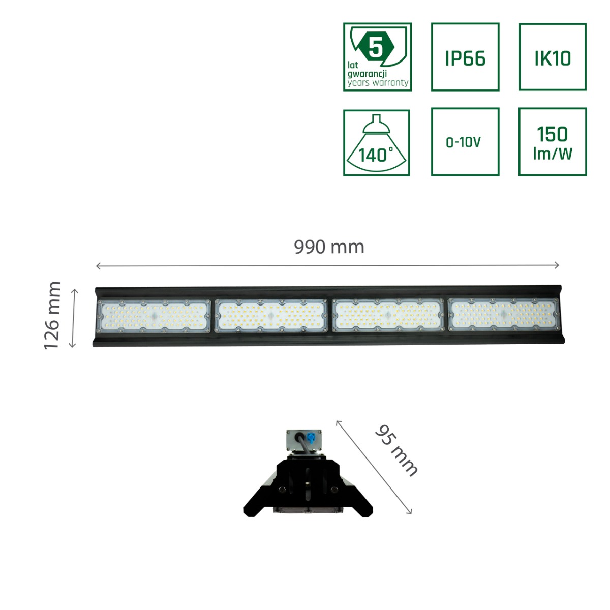 Bay High Lineal LED de 200W K4000 230V IP66 IK10 Ángulo de Haz 75x140.
