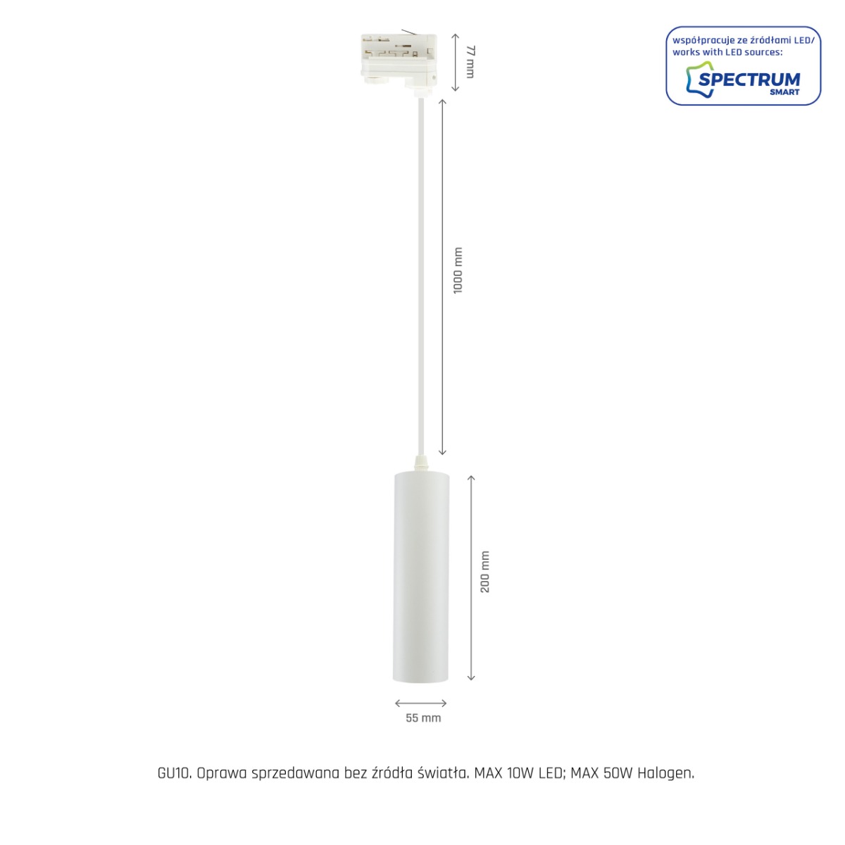 Foco Carril LED suspendido sobre carril 3F Blanco GU10 55x200mm cable 1m