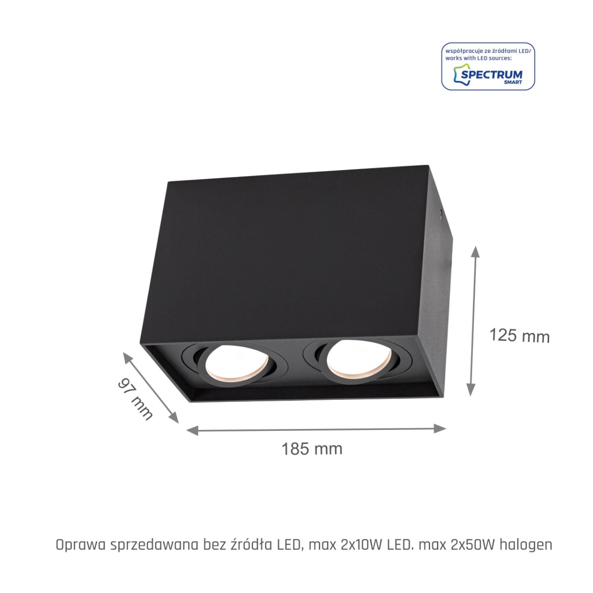 Foco LED para 2xGU10 de Superficie Cuadrado IP20 Ojo Regulable Negro