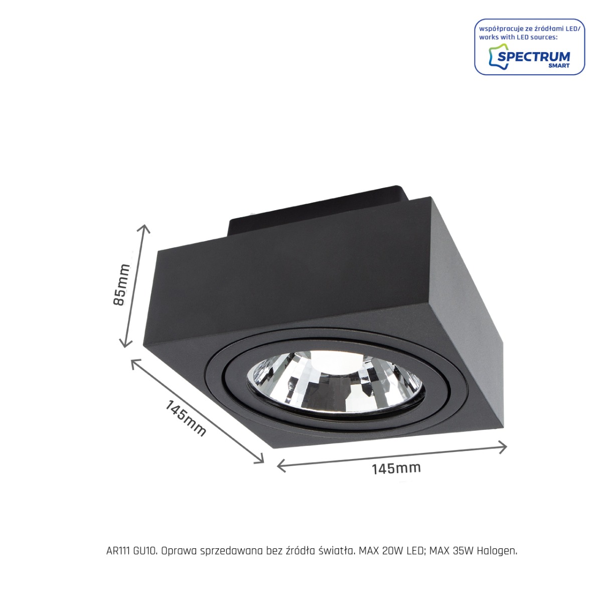 Foco LED AR111 para GU10 de Superficie Cuadrado Ojo Regulable Negro IP20