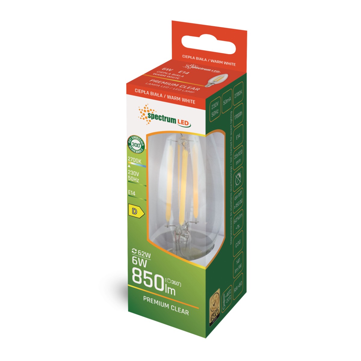Bombilla LED E14 en forma de llama 6W COG transparente.
