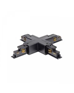 Conector de riel trifásico en cruz, color negro.